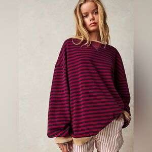 Free People Classic Striped Oversized Crew Sweatshirt